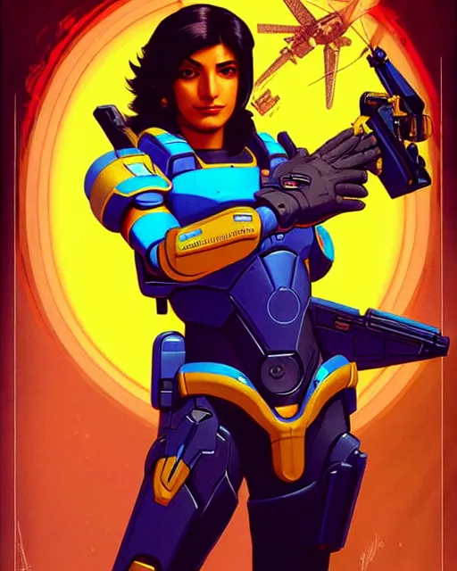 Prompt: pharah from overwatch, character portrait, portrait, close up, concept art, intricate details, highly detailed, vintage sci - fi poster, retro future, in the style of chris foss, rodger dean, moebius, michael whelan, and gustave dore
