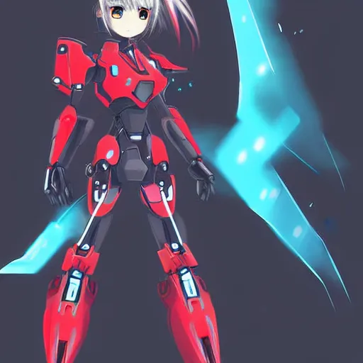 Image similar to digital anime art, cute mech girl wearing a red mech suit and blue eyes. wlop, rossdraws, sakimimichan