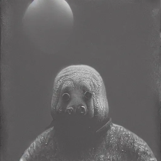 Image similar to tardigrade!!! daguerreotype portrait photograph. inspired by gerard grom and ansel adams. highly detailed. old timey.