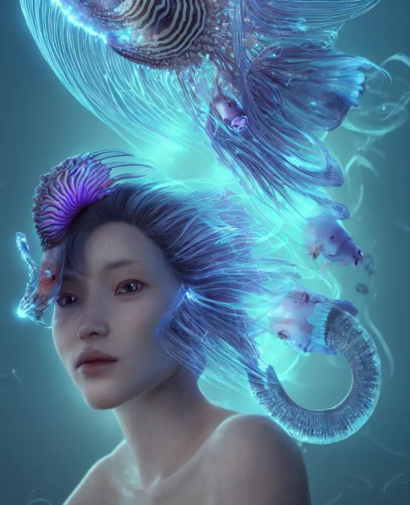 Image similar to goddess close-up portrait. jellyfish phoenix head, nautilus, orchid, skull, betta fish, bioluminiscent creatures, intricate artwork by Tooth Wu and wlop and beeple. octane render, trending on artstation, greg rutkowski very coherent symmetrical artwork. cinematic, hyper realism, high detail, octane render, 8k