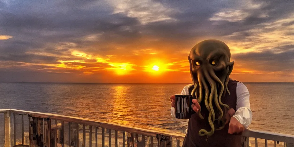 Prompt: cthulhu drinking his coffee while sitting on the balcony, sunset background, golden hour