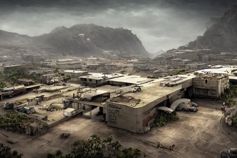 Image similar to favela hospital hangar bunker, desert environment, industrial factory, cliffs, gloomy, milky way, award winning art, epic dreamlike fantasy landscape, ultra realistic,