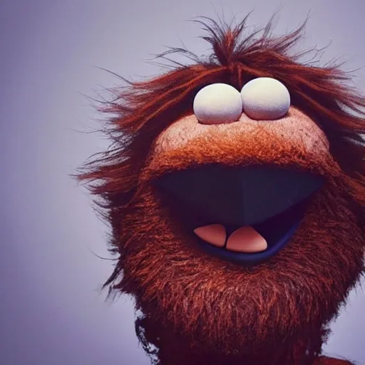 Image similar to a still of a forgotten muppet character looking very manly and modern, hilarious, laughing, hairy chest, huge chin, manly monster tough guy, roughled fur, photo real, photographic, photograph, artstation, trending, featured