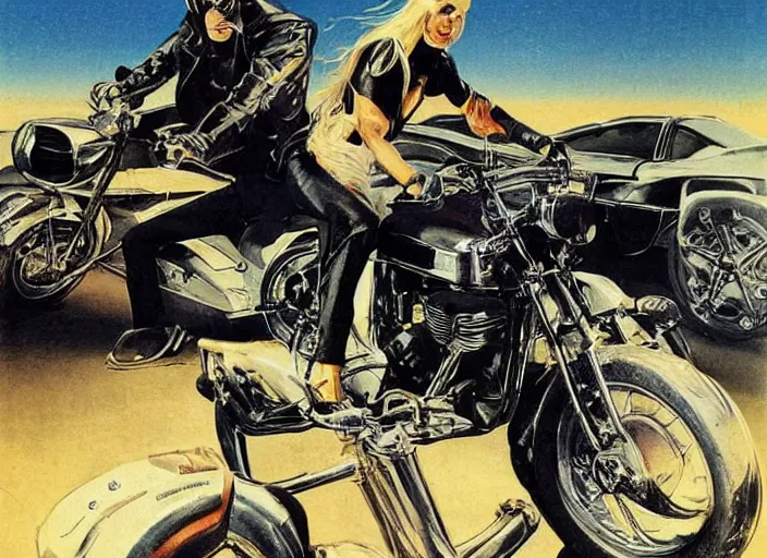 Prompt: ( ( ( ( ( classic vintage motorcycle, motorcycle concept art, sci - fi illustration, painting ) ) ) ) ) by vincent di fate and john berkey and danger diabolik!!!!!!!