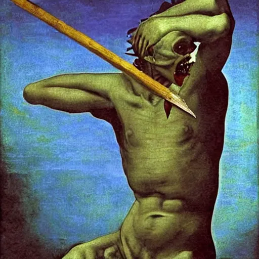 Image similar to low poly painting by caravaggio of a drowned zombie holding a trident with glowing cyan eyes, wearing ragged clothing, holding a trident, underwater, pastel green and blue color palette, low poly