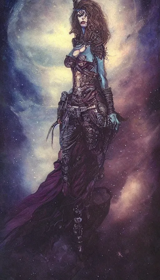 Image similar to portrait of female space pirate, night sky background, beautiful! coherent! by brom, by brian froud, deep color, strong line, high contrast