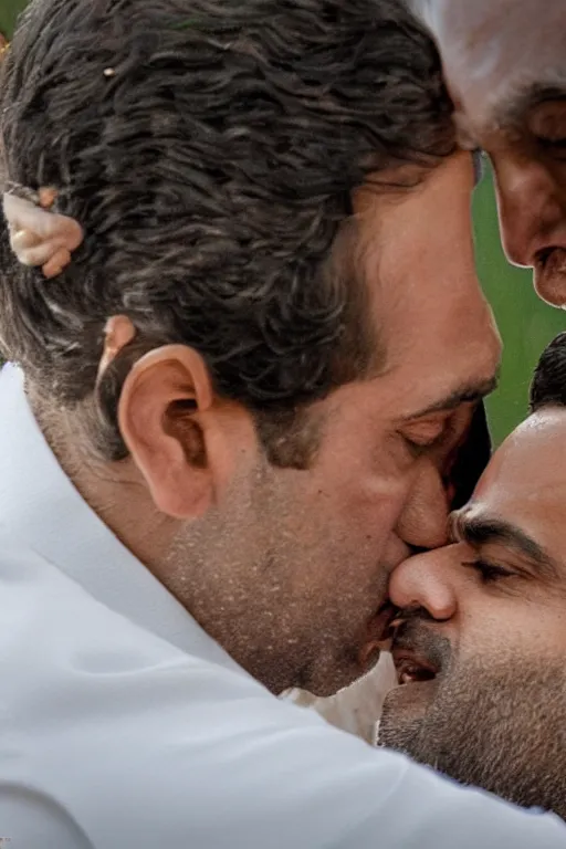 Image similar to narendra modi kissing rahul gandhi, closeup, india, detailed, photography alexey kurylev, cinematic