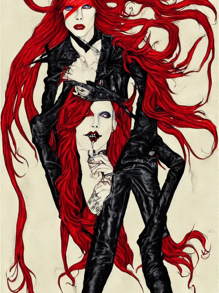 Image similar to art nouveau, David Bowie, vampire, sharp teeth, leather jacket, jeans, long red hair, full body