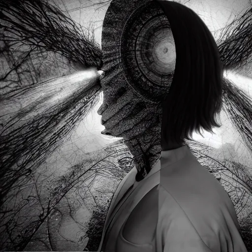 Image similar to defragmentation ( becoming whole with the glitch inside ), in the style of hiroya oku and ikeda and stanley kubrick, black and white, photorealistic, epic, super technical, 3 d render