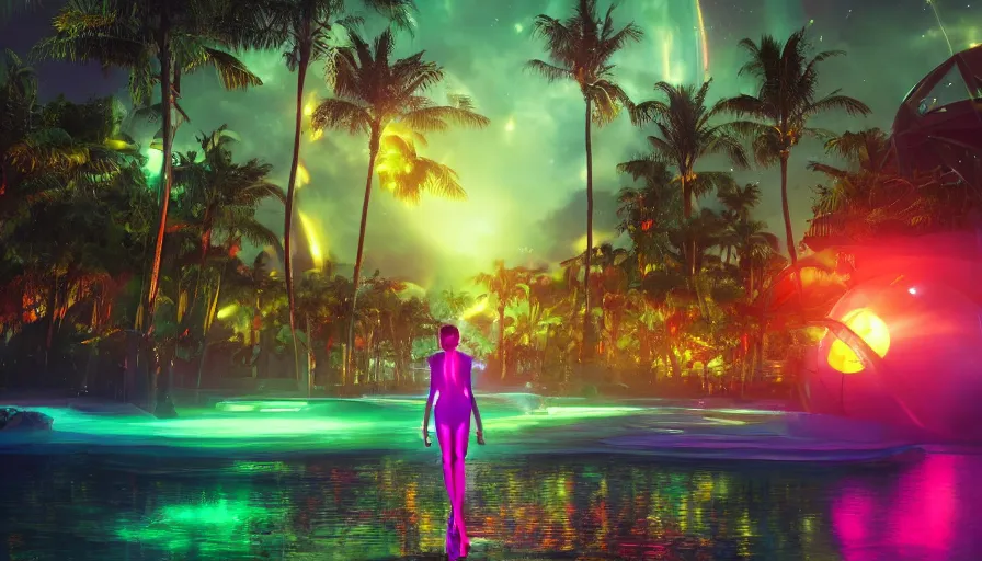 Image similar to science fiction landscape, glowing woman from the future, colorful creatures and neon green palm trees, soft rainbow in the background, shape shifting water, falling stars, deviant art, unreal engine, realistic shading, realistic render, octane render, detailed textures, photorealistic, wide shot