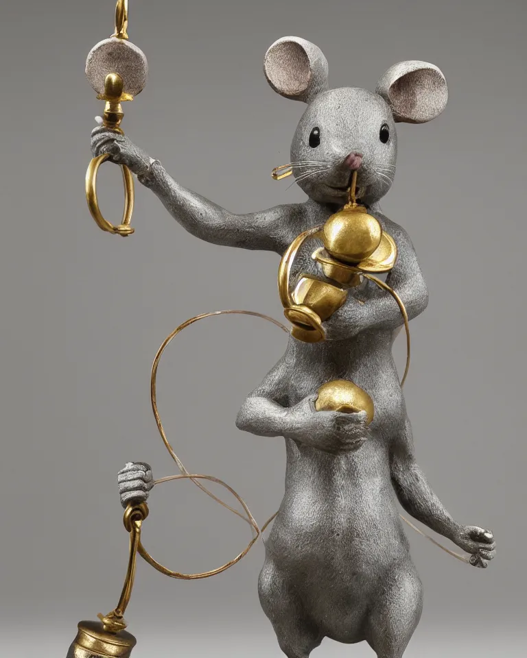 Image similar to a statue of a proud mouse standing on two legs and holding a round bell made with white and gold wire, trending on artstation