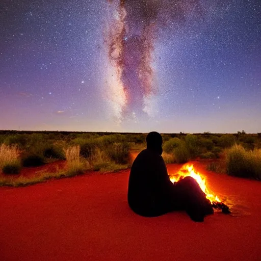 Image similar to man sitting at uluru, medicine drum, night sky, small fire, cosmic sky