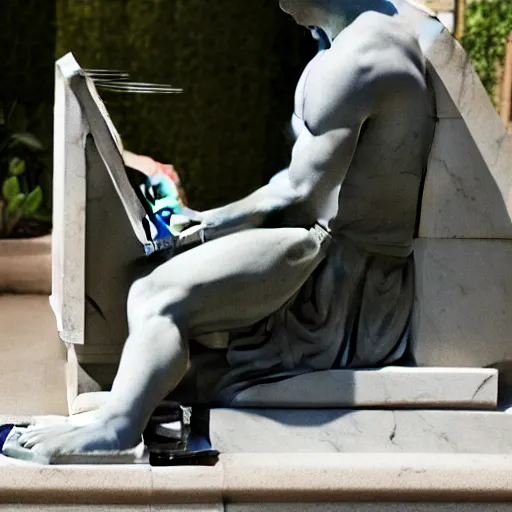 Image similar to a marble statue having trouble working on his laptop