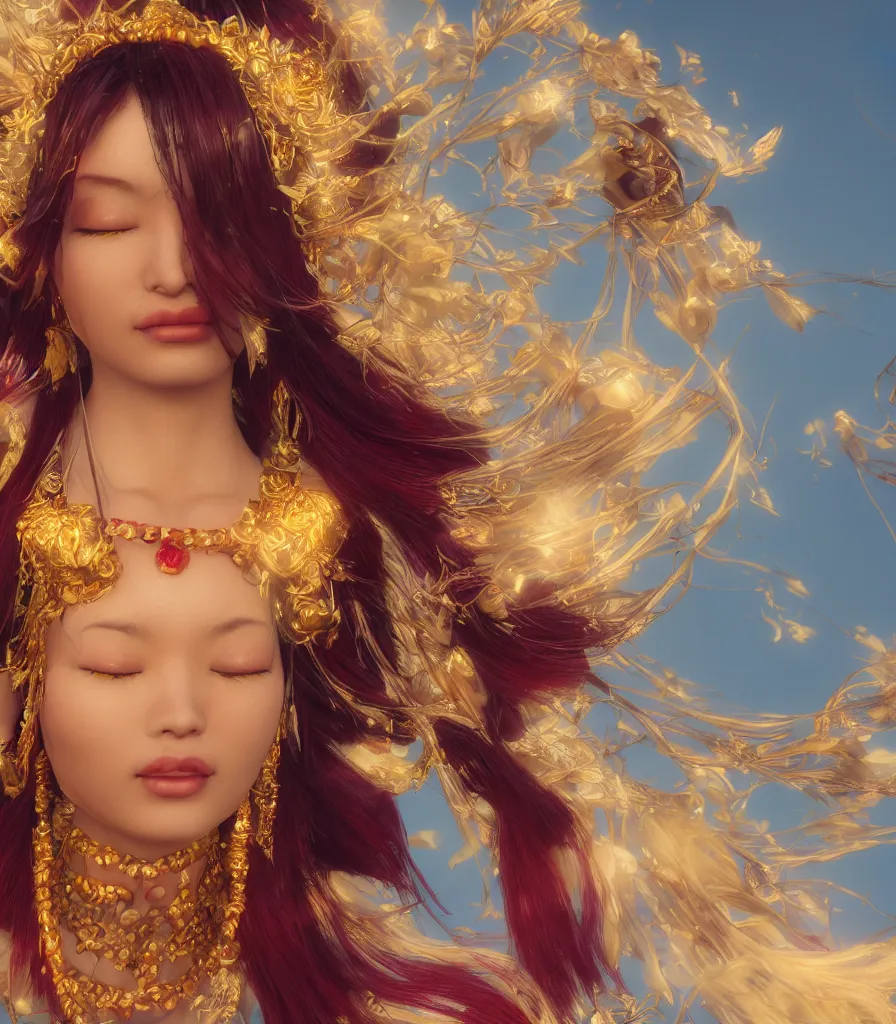 Prompt: closeup photoshoot of asian goddess of bliss and honey, silk flowing in wind, totemic ritualistic tarot sigils embedded in ruby skin, photoreal, unreal engine, redshift render, trending on artstation