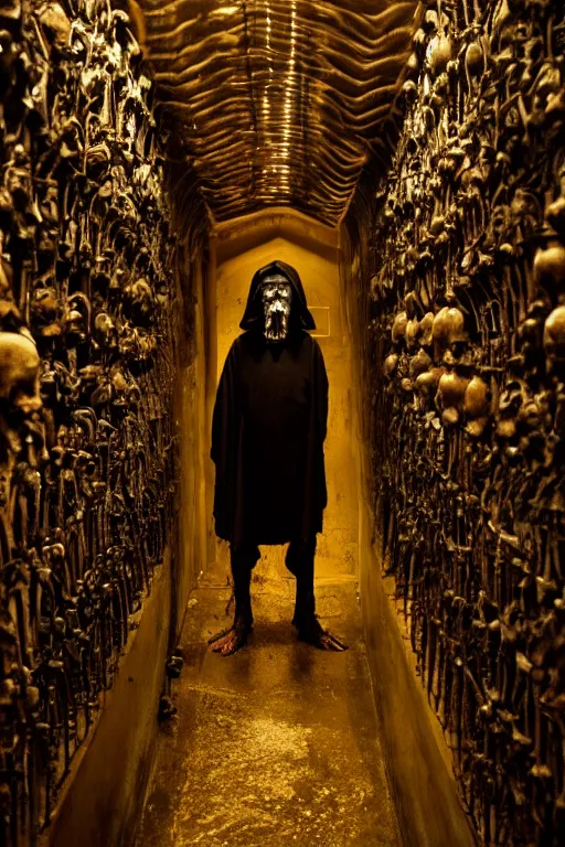 Image similar to Dark cleric in a hooded robe, standing in the Capuchin Crypt In Rome, skulls, bones, wet floor, slime, gold, torchlit, octane, dramatic, cinematic, hr giger, Steven Spielberg