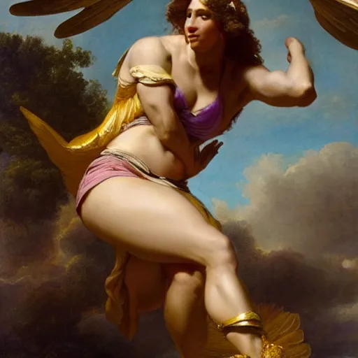 Image similar to Portrait of Serena Williams as Nike Goddess, large wings, luxuriant, dreamy, eternity, romantic, strong pose, highly detailed, in the style of Franz Xaver Winterhalter, highly detailed, in the style of Aetherpunk