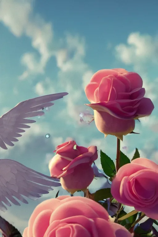 Image similar to milky crystal quartz eyeballs with wings. peach roses, background heavenly sky by basquiat, Trending on artstation. halo. octane render, cinematic, hyper realism, octane render, 8k, depth of field, 3D