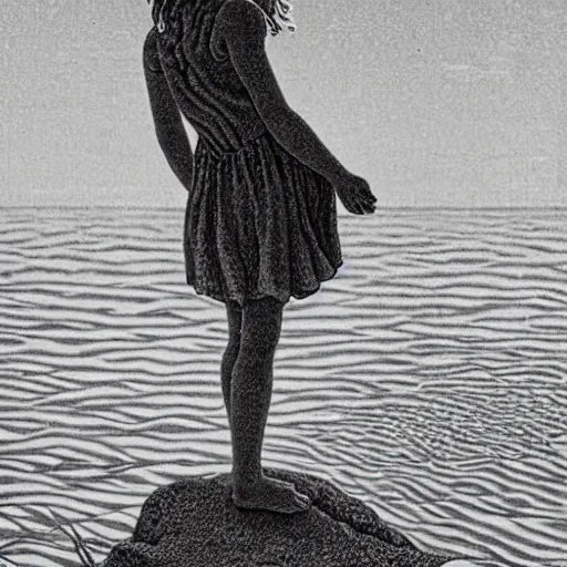 Prompt: a girl by the sea by escher