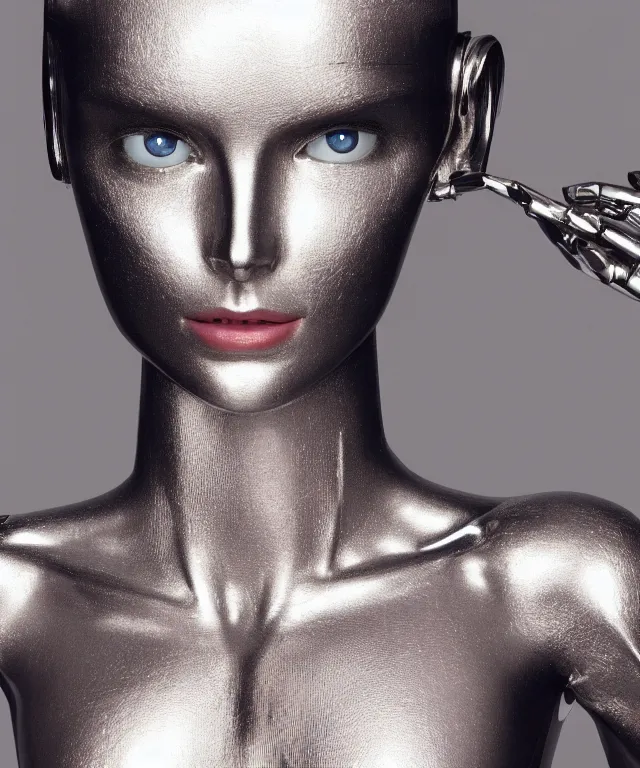 Image similar to realistic portrait of a silver robot is watching tv and tv displays a victoria's secret model in detail and the robot's face is partially moprhed into an exact copy of the model, realistic, 4 k