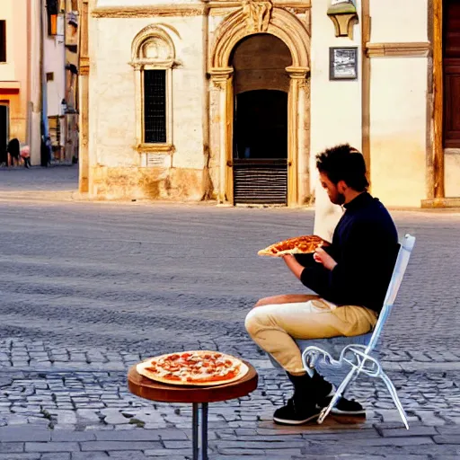 Image similar to a man and a woman eating a pizza in Pisa, Italy. Sunset, street photgraphy