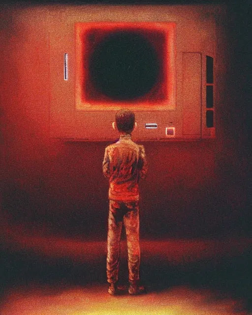 Image similar to early color photo of an boy standing in front of a computer from 90s with a game doom2 at the monitor screen, Beksinski impasto painting, part by Adrian Ghenie and Gerhard Richter. art by Takato Yamamoto, masterpiece