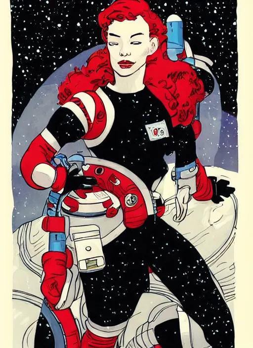 Prompt: a woman with red hair floating in space. she is an astronaut, she is wearing a space suit. well composed, clean elegant painting, beautiful detailed face. comic book art with heavy black outlines by mike mignola