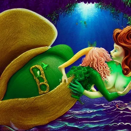 Prompt: a leprechaun wearing overauls kissing a mermaid. the sun is setting in the background, bathing the scene in beautiful golden light. the leprechaun has a green hat and suit on. the mermaid is leaning out of the water towards the leprechaun.