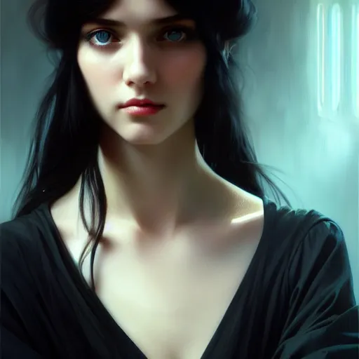 Image similar to portrait of teenage girl with long glossy black hair, blue eyes, glowing skin, fashion model features, fantasy, intricate, elegant, dress shirt and tie, highly detailed, digital painting, artstation, concept art, smooth, sharp focus, illustration, art by Krenz Cushart and Artem Demura and alphonse mucha