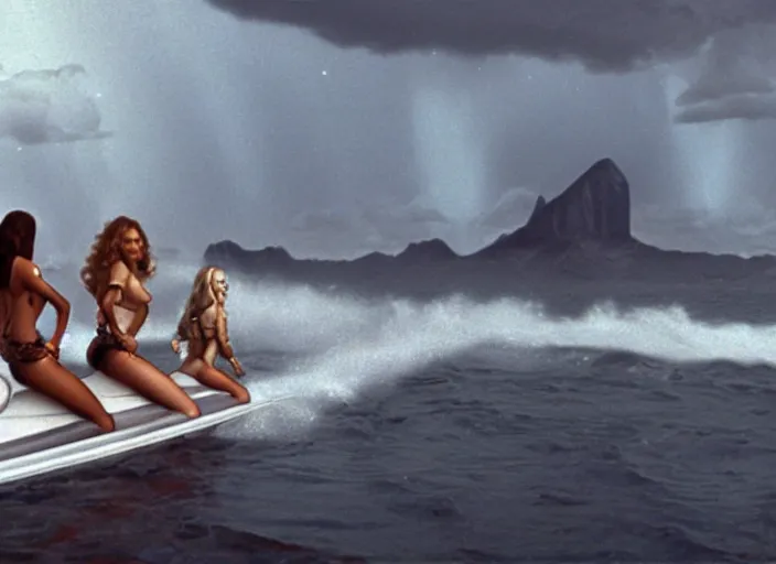 Image similar to film still charlie's angels ( 1 9 7 6 ) as a viking women with weapons riding on a jet skis, wearing skin - tight futuristic valkerie bikinis, rough seas in background, lightning storms, water world, mad max, hyper - realistic, highly detailed, accurate, 8 k octane render, 2 8 mm, wide angle, rule of thirds