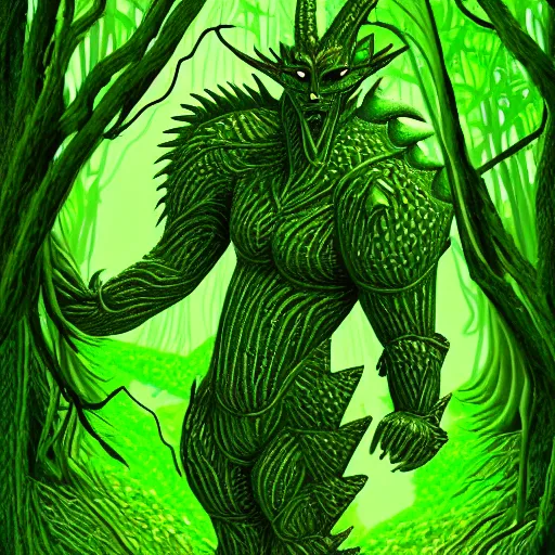 Image similar to Green Western Dragon Golem Made of Thick Green Vines Is Protecting Magical Garden Surrounded by Trees, Large Clearing in the Middle of a Forest, Digital Art