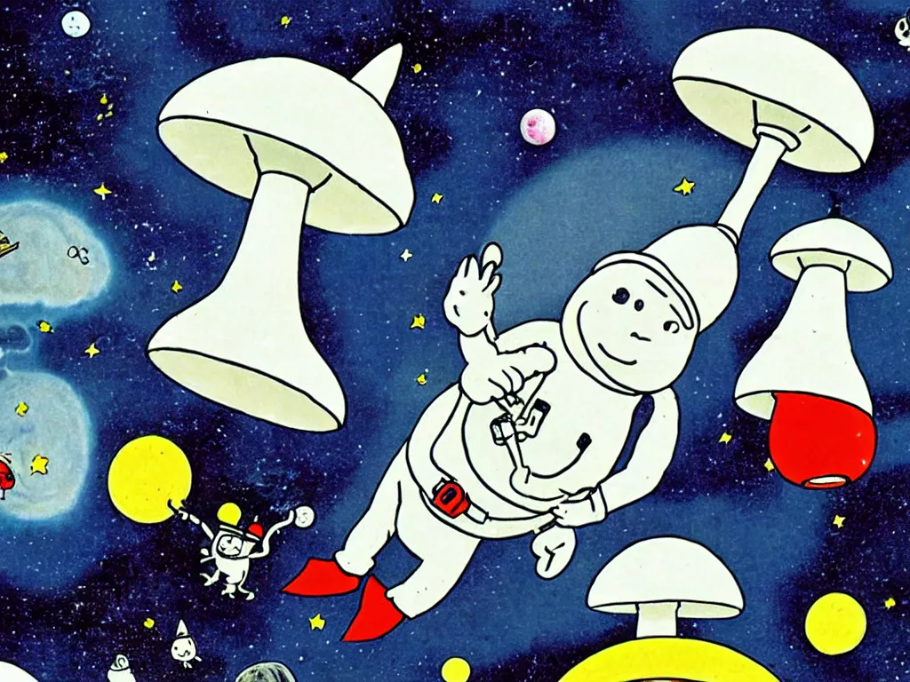 Prompt: moomins in space suits flying around with jetpacks discovering the mushroom planet