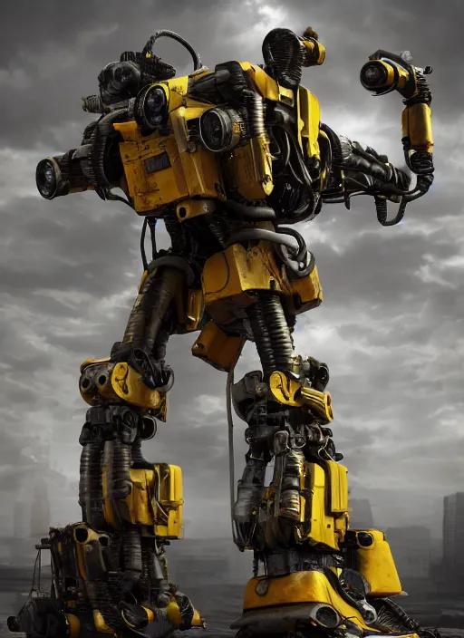 Image similar to a photorealistic dramatic hyperrealistic render of a futuristic exosuit power loader heavy machinery, ultra realistic details, glossy yellow, well worn, rust, oil stains by vitaly bulgarov and mike nash, beautiful dramatic dark moody tones and lighting, cinematic atmosphere, studio lighting, global illumination, shadows, dark background, octane render, 8 k