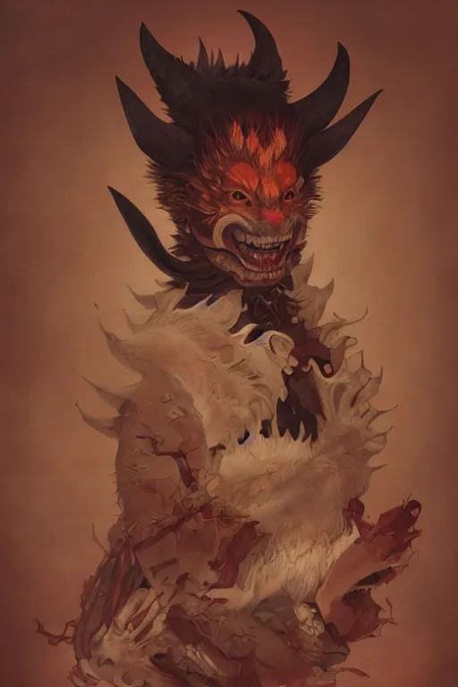 Image similar to a portrait of a japanese devil animal illustrated by miyazaki by karol bak, james jean, tom bagshaw, rococo, sharp focus, trending on artstation, cinematic lighting, hyper realism, octane render, 8 k, hyper detailed, vivid, ultra detailed, highly detailed