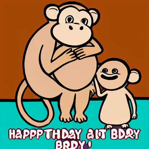 Image similar to an older monkey hugging his younger sister, birthday, cake, cartoon, birthday card