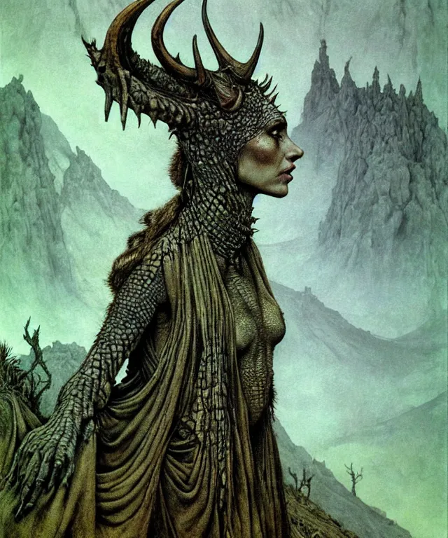 Image similar to A detailed horned crocodilewoman stands among the hills. Wearing a ripped mantle, robe. Perfect faces, extremely high details, realistic, fantasy art, solo, masterpiece, art by Zdzisław Beksiński, Arthur Rackham, Dariusz Zawadzki