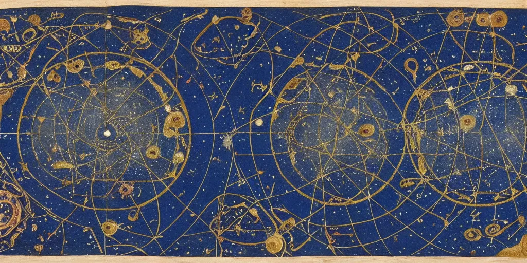 Image similar to ancient cosmic map of the various holes in the universe where time travelers can sneak through the fabric of space time. deep dark blue with colorful planets and constellations and radiating gold lines and circles, with intricate border. latin notations everywhere. map has been folded and dirtied many times over the centuries