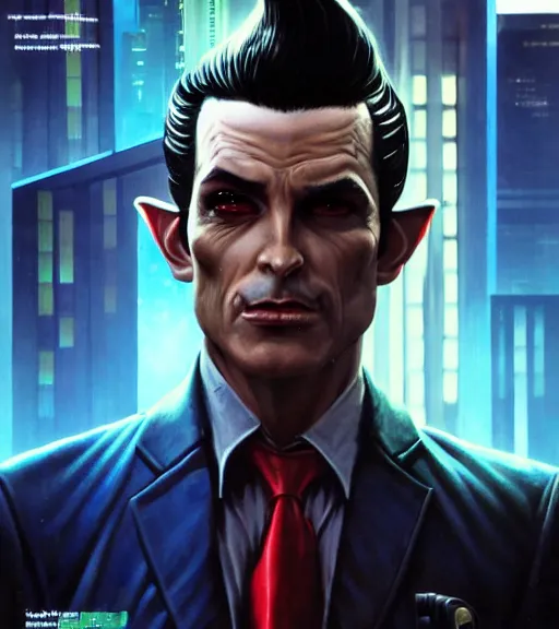 Prompt: a cyberpunk very ugly mafia boss in a suit with slicked back black hair played by ryan renolds as an elf, 1 9 7 9 omni magazine cover, style by vincent di fate, artgerm, very coherent, detailed, 4 k resolution, bright, unreal engine, daz