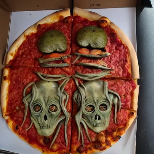 Image similar to pizza in the style of hr giger,