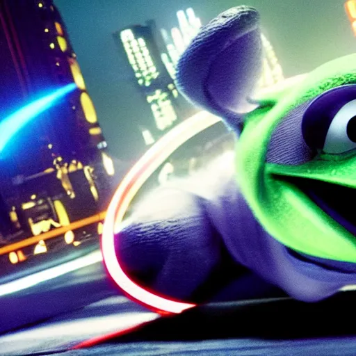 Prompt: a still from Tron:Legacy with kermit the frog in a disc battle