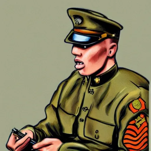 Image similar to usmc sargent eating crayons, realistic, illustration
