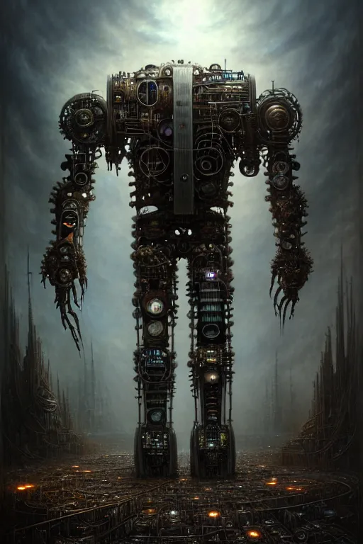 Prompt: A photorealistic 3d render of a robot monster cyborg made of circuits wide view shot by ellen jewett , tomasz alen kopera and Justin Gerard symmetrical features, ominous, magical realism, texture, intricate, ornate, royally decorated, android format, windows, many doors, roofs, complete house , whirling smoke, embers, red adornments, red torn fabric, radiant colors, fantasy, trending on artstation, volumetric lighting, micro details, 3d sculpture, ray tracing, 8k