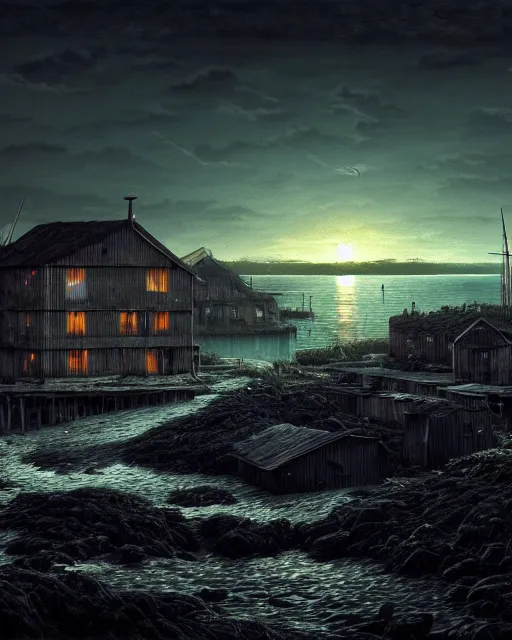 Prompt: a beautiful photorealistic illustration of nature abandoned fishing village by caspar david friedrich, extraterrestial nature at night neon noir neon signs water cloudy studio ghibli hyperrealism, archdaily, wallpaper, highly detailed, trending on artstation.