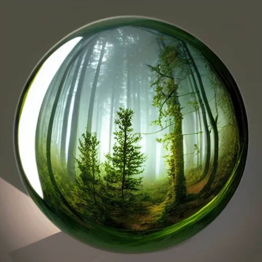 Prompt: forest in a glass sphere in a dark room
