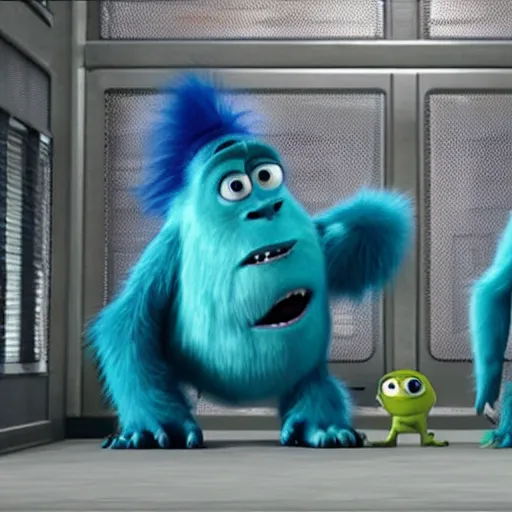 Image similar to movie still of monsters inc characters in a maximum security prison