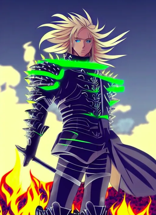 Image similar to a detailed anime full body portrait of a male warrior with long blonde hair and blue eyes wearing evil green spiked cyberpunk armour and standing in the desolate burning ruins of a futuristic city by hirohiko araki and beeple,