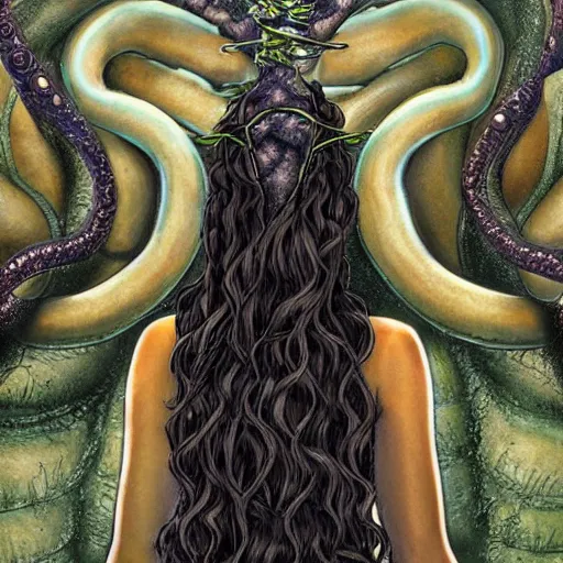 Image similar to medusa looking over shoulder, beautiful girl by Sam Yang