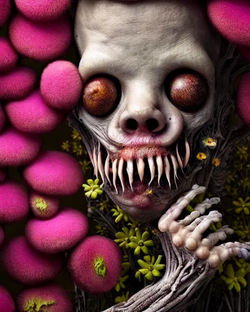 Prompt: a extremely disturbing horror photograph of a fantasy creature made out of nature and flowers and fungus, intricate, hyperrealism, sharp focus, cinematography, highly detailed, octane render, horror cgi 4 k, matte, photograph by professional photographer