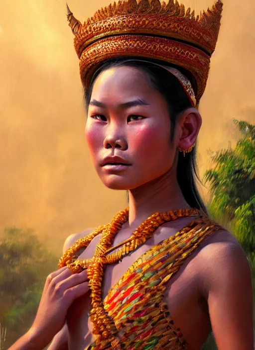 Prompt: portrait of a beautiful teen khmer ethnic northeast thailand, closeup portrait, historical, ethnic group, traditional costume, elegant, loin cloth, highly detailed, oil painting, artstation, concept art, matte, sharp focus, illustration, hearthstone, art by earl norem