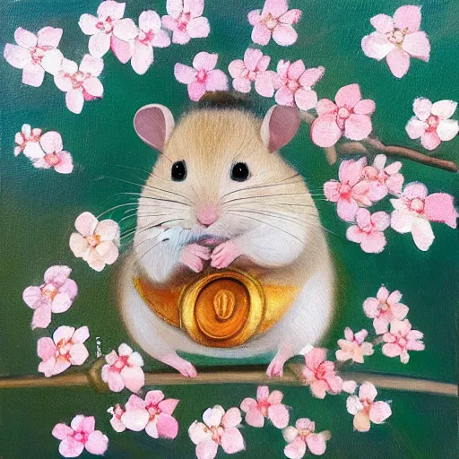 Image similar to “ a naturalistic painting, of a hamster in shogun armor, with sakura blossoms in the background, oil on canvas, a 4 canvas ”