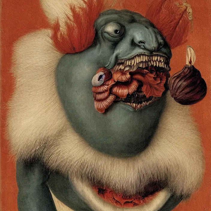 Image similar to close up portrait of a mutant monster creature with white fluffy moth pouf, exotic lily ears, delicate blue conch corns, snout. by jan van eyck, walton ford